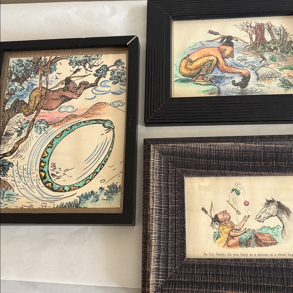 Set of 3 Framed Watercolored native American Art Prints repurposed